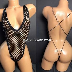 Black rhinestone fishnet thong romper